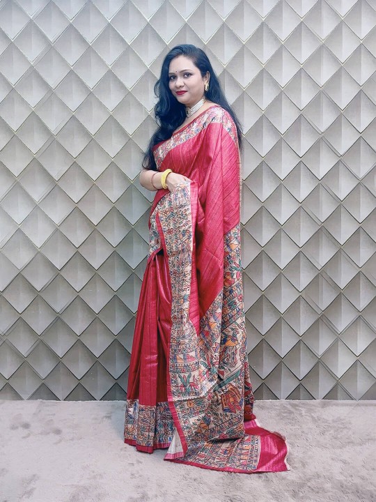 RED TASSAR HANDPAINTED MADHUBANI SILK SAREE